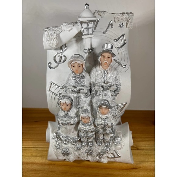 Vintage White Music Box Christmas Carolers Scroll Sheet Paper Sparkle - Picture 1 of 6